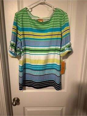 Ruby Rd. Striped Boatneck Top in Green, Blue & Yellow